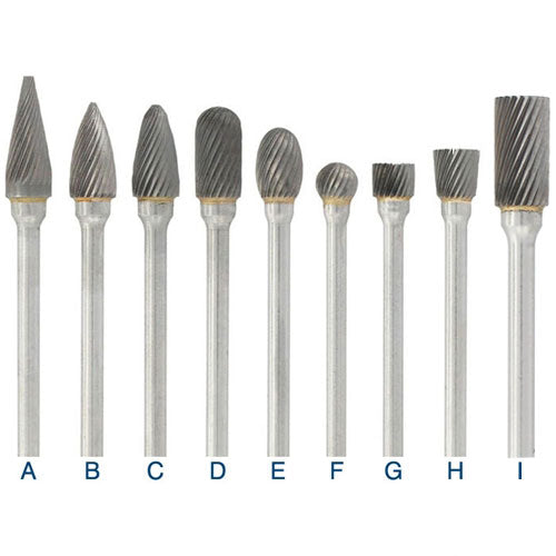 Carbide Head Burs - 1/8" Shank, 1/4" x 1/2" Double Cut, Blunt Point